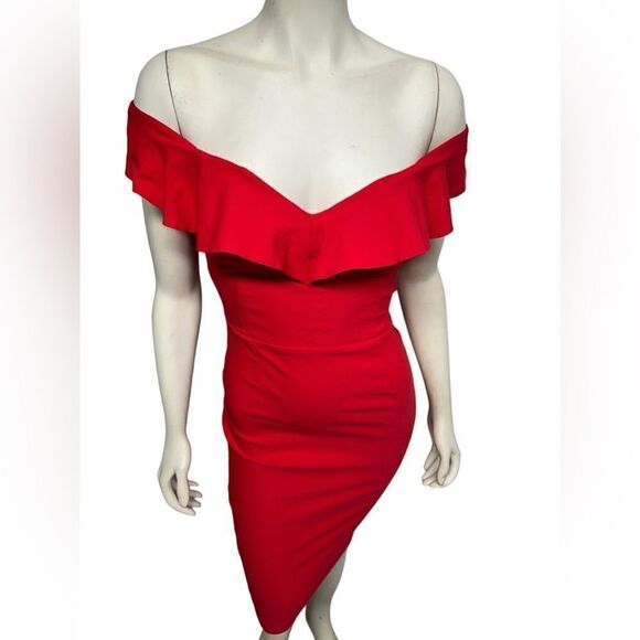 Vesper Red Knee Length Bodycon Dress Off Shoulder Fitted Sexy Red Party Cocktail - Picture 3 of 10